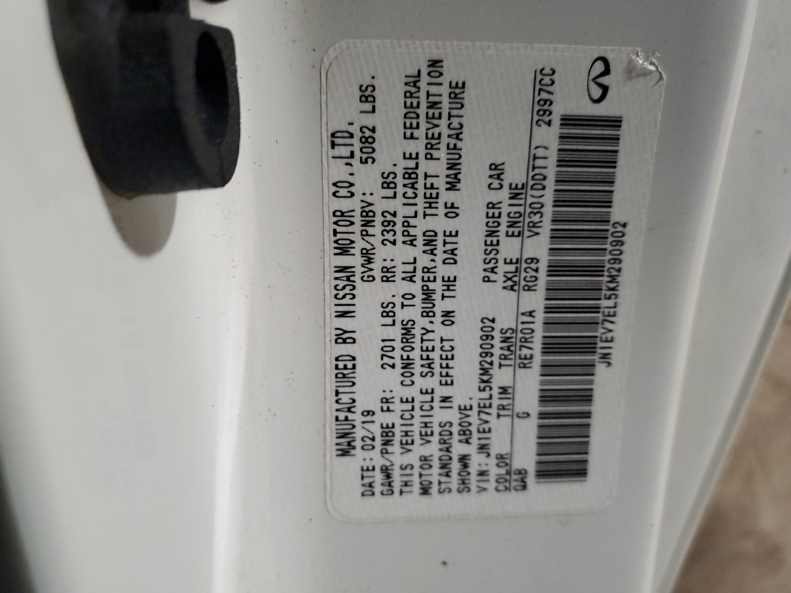 JN1EV7EL5KM290902 2019 Infiniti Q60 Pure