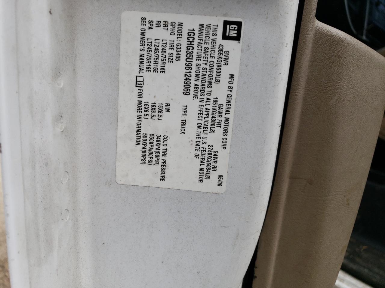 2006 Chevrolet Express G3500 VIN: 1GCHG35U961249069 Lot: 61214964