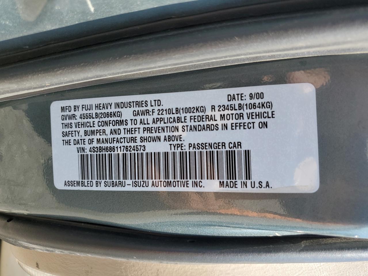 2001 Subaru Legacy Outback Limited VIN: 4S3BH686117624573 Lot: 61939944