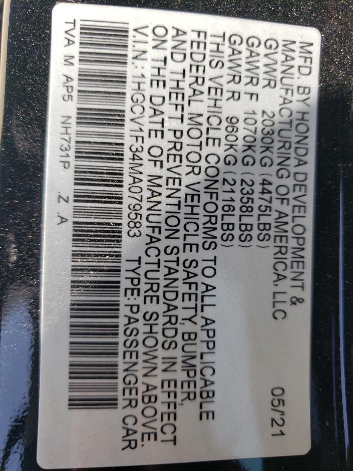 2021 Honda Accord Sport VIN: 1HGCV1F34MA079583 Lot: 64797534