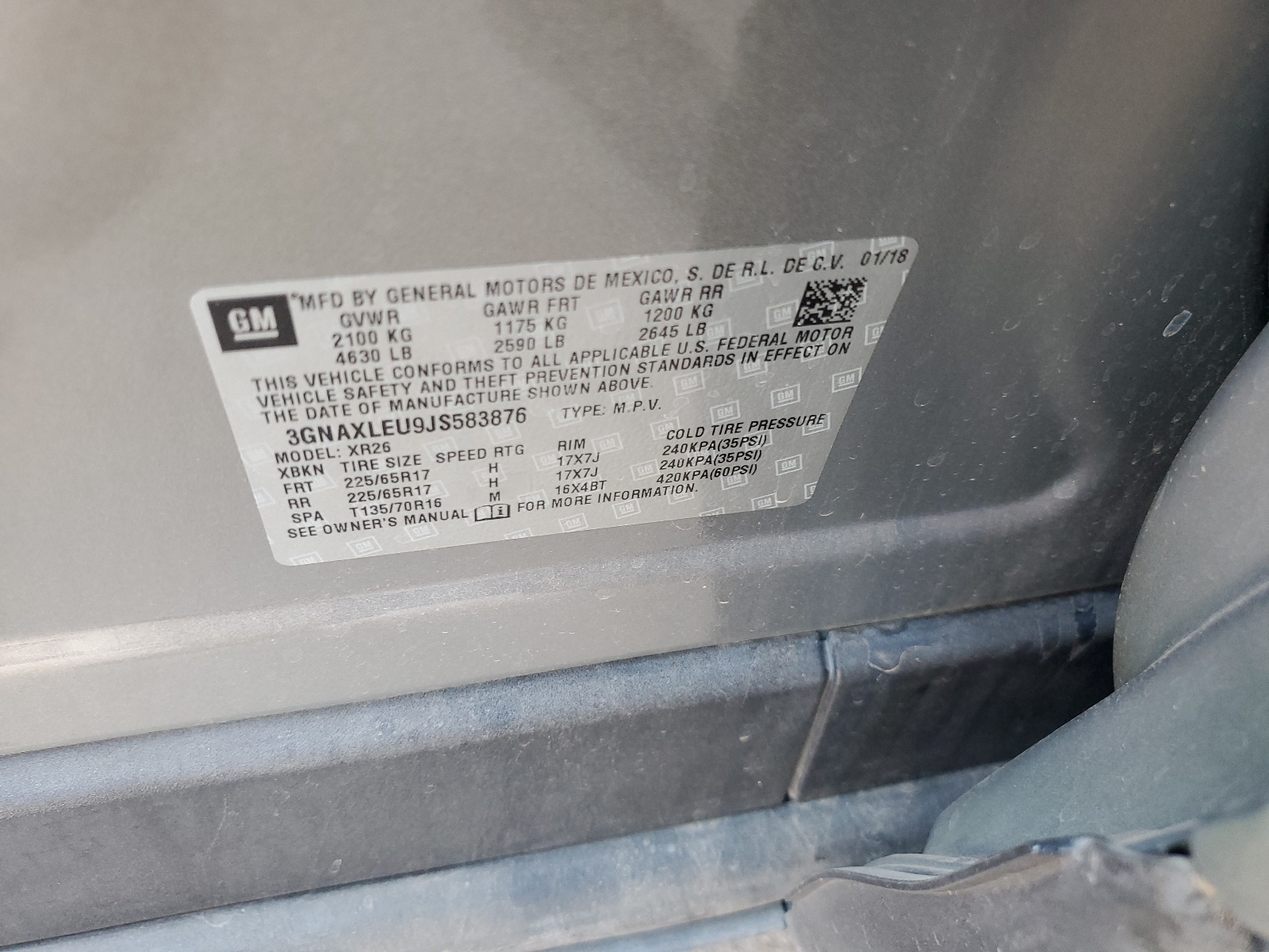 3GNAXLEU9JS583876 2018 Chevrolet Equinox Lt