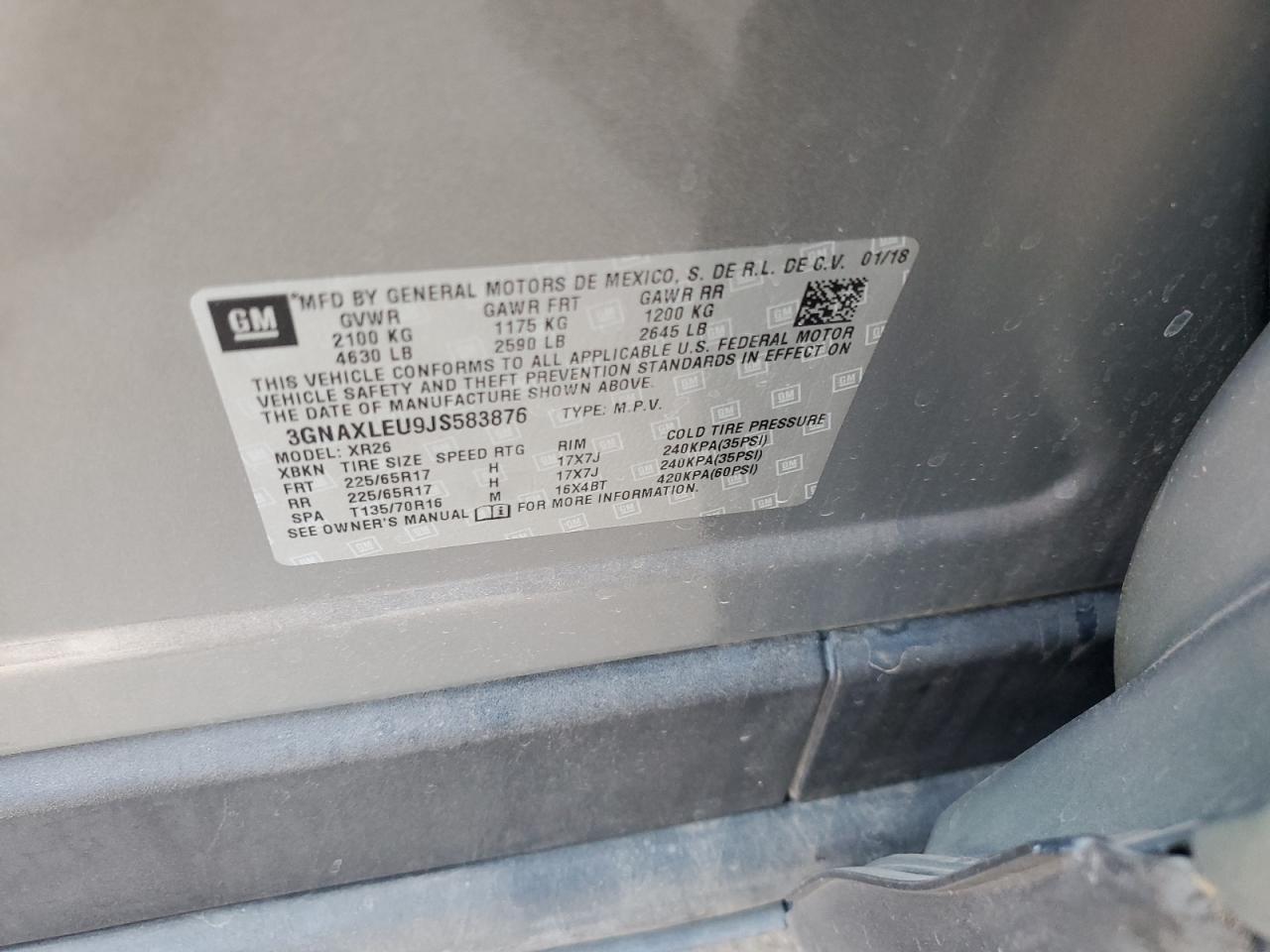 2018 Chevrolet Equinox Lt VIN: 3GNAXLEU9JS583876 Lot: 64985094