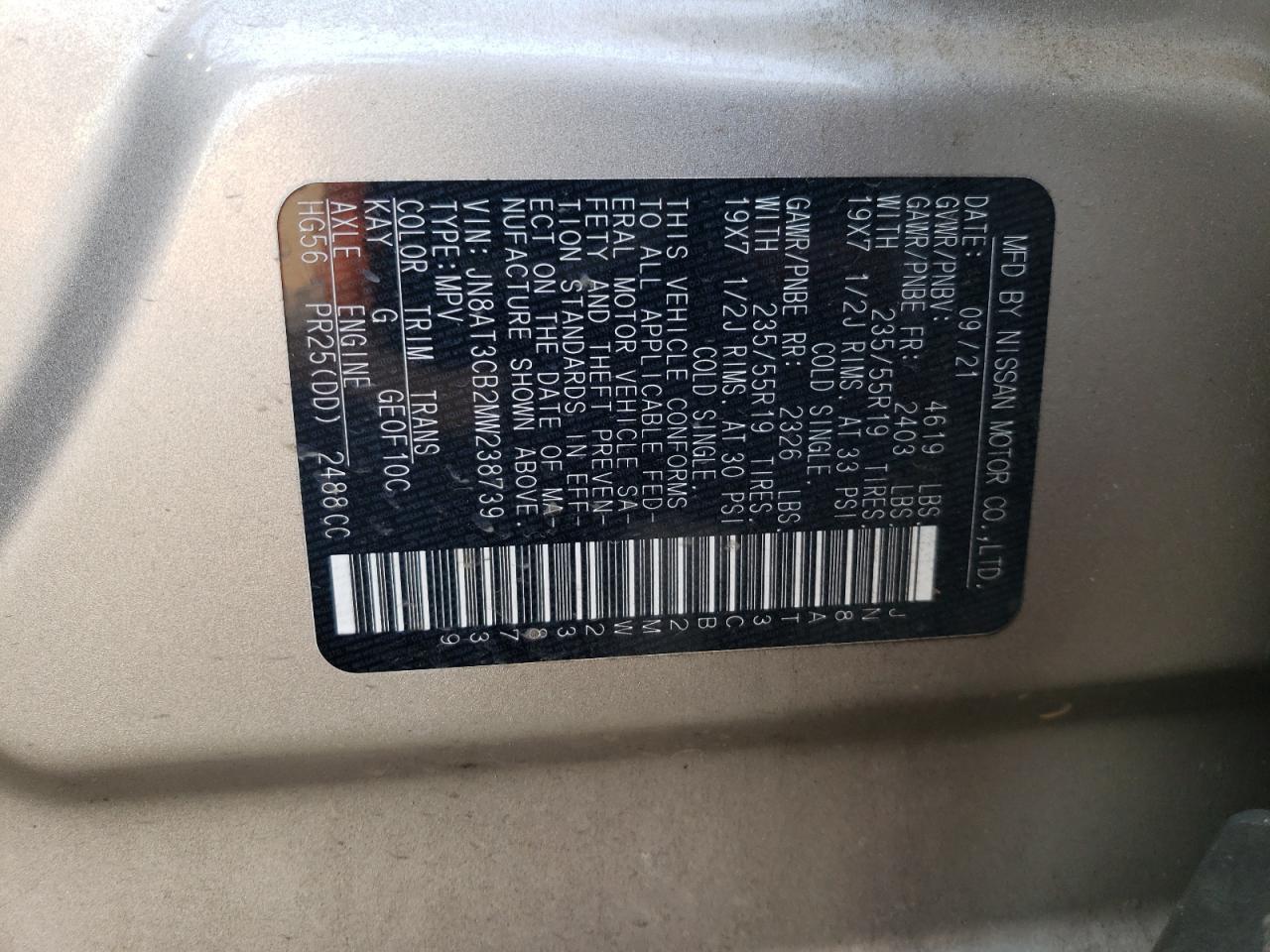 2021 Nissan Rogue Sl VIN: JN8AT3CB2MW238739 Lot: 65276384