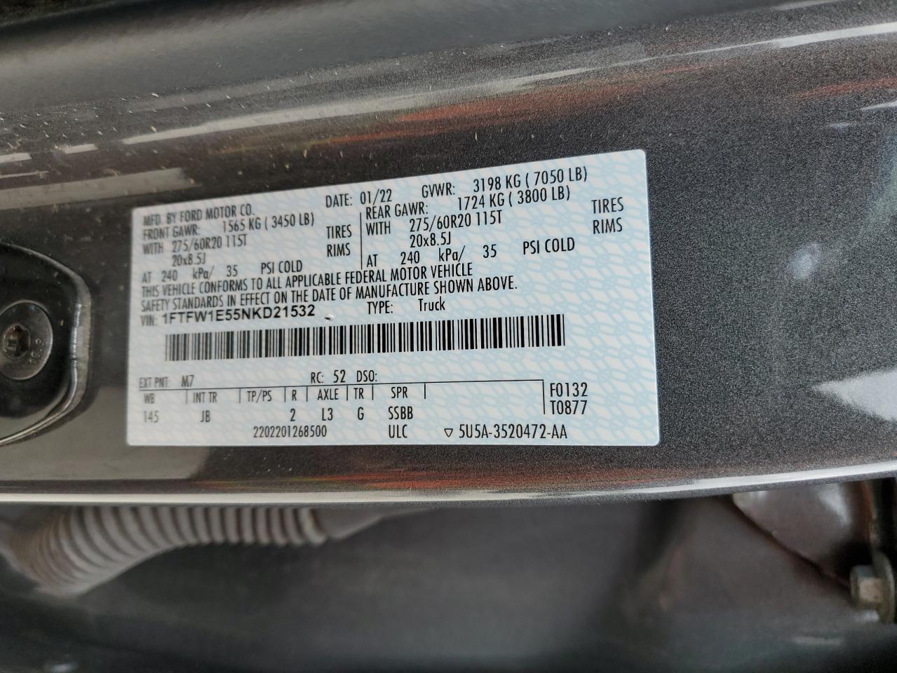 2022 Ford F150 Supercrew VIN: 1FTFW1E55NKD21532 Lot: 64487484