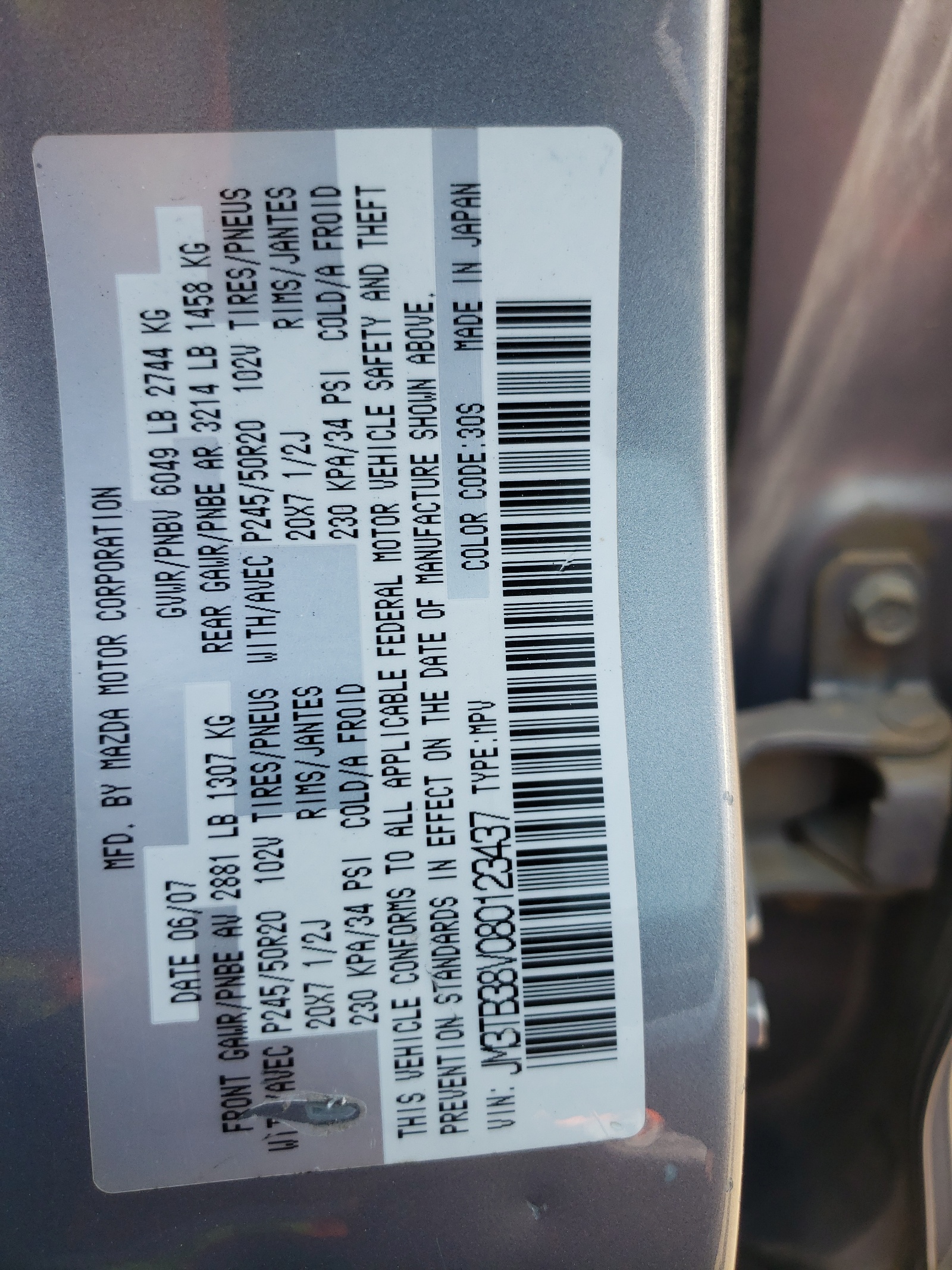 JM3TB38V080123437 2008 Mazda Cx-9