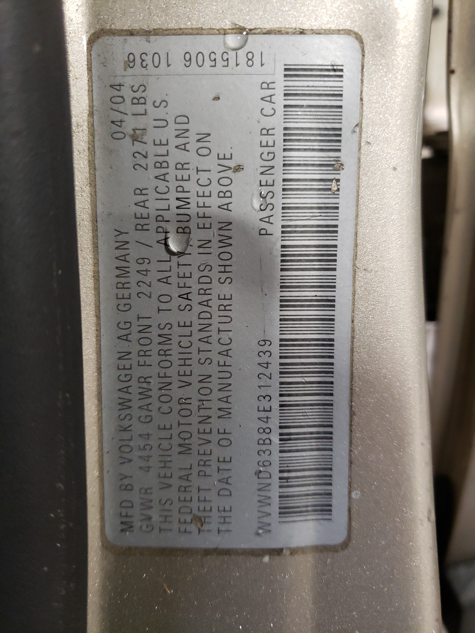 WVWND63B84E312439 2004 Volkswagen Passat Gl