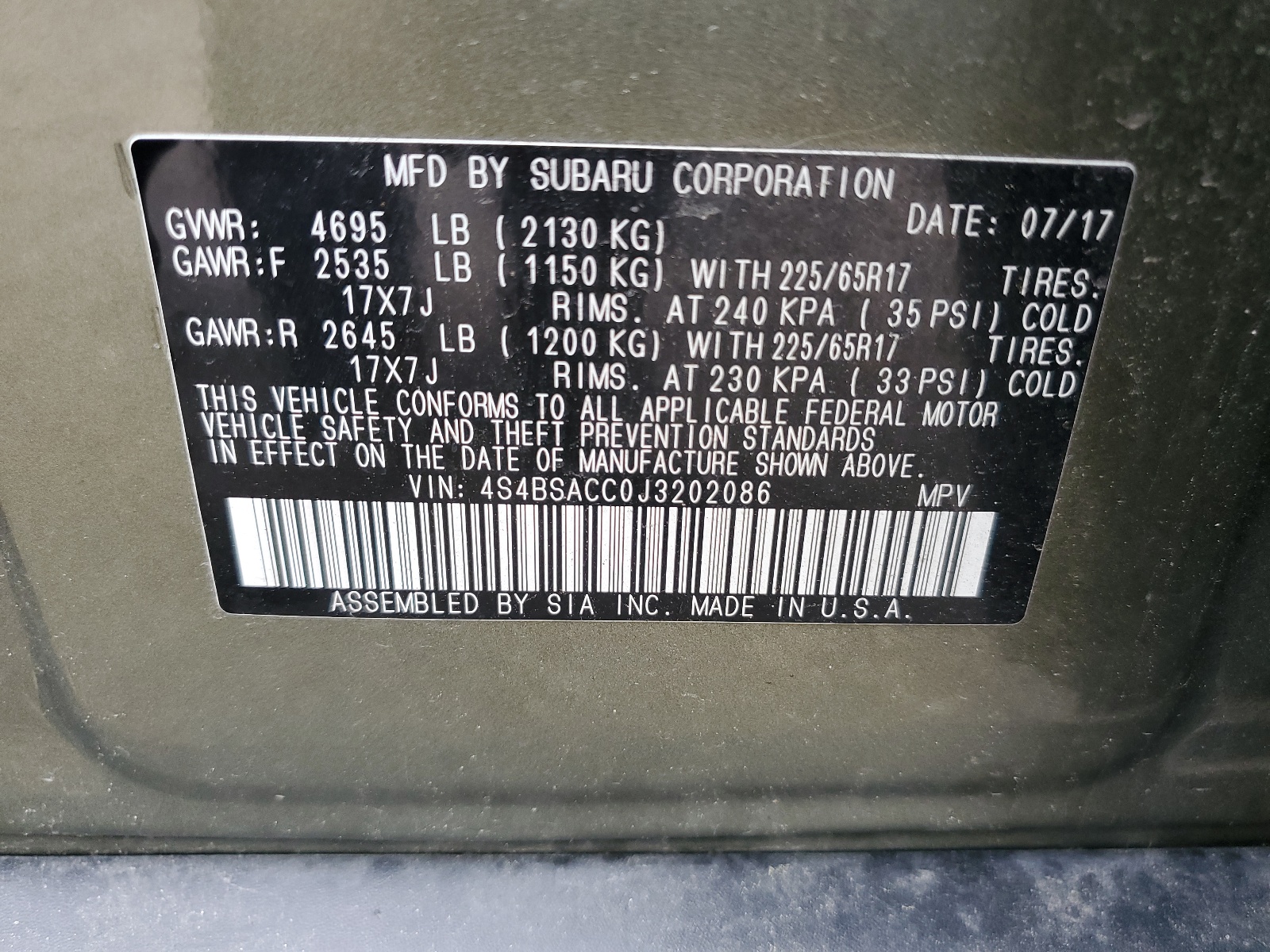 4S4BSACC0J3202086 2018 Subaru Outback 2.5I Premium