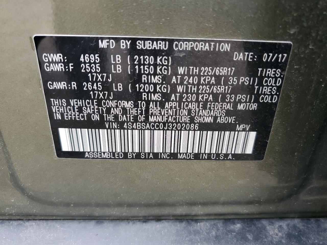 2018 Subaru Outback 2.5I Premium VIN: 4S4BSACC0J3202086 Lot: 64944844