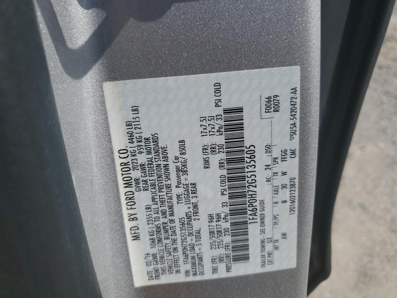 2016 Ford Fusion Se VIN: 1FA6P0H72G5135605 Lot: 62843074