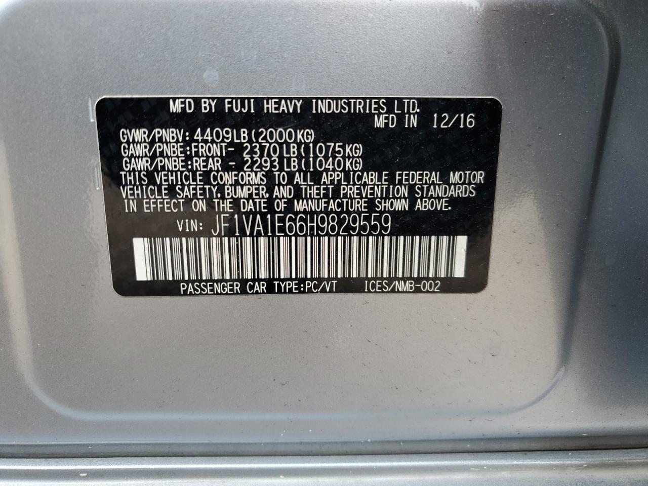 2017 Subaru Wrx Premium VIN: JF1VA1E66H9829559 Lot: 64663224