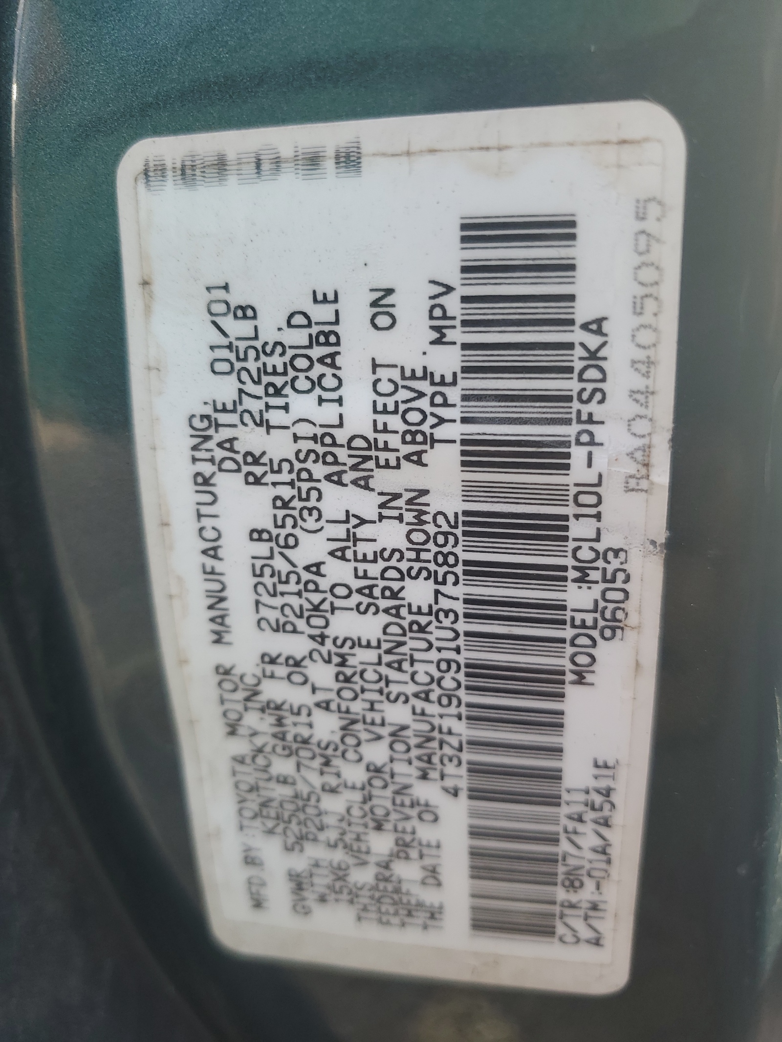 4T3ZF19C91U375892 2001 Toyota Sienna Ce