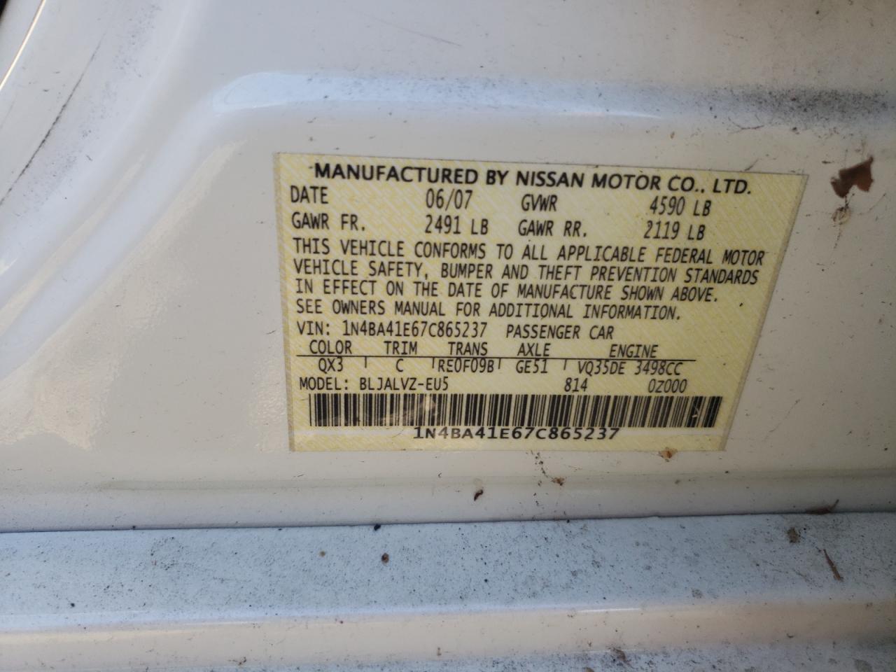 1N4BA41E67C865237 2007 Nissan Maxima Se