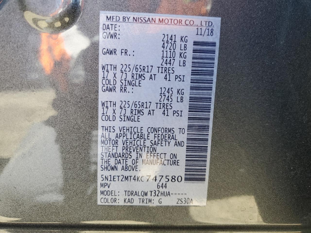 5N1ET2MT4KC747580 2019 Nissan Rogue Sv Hybrid