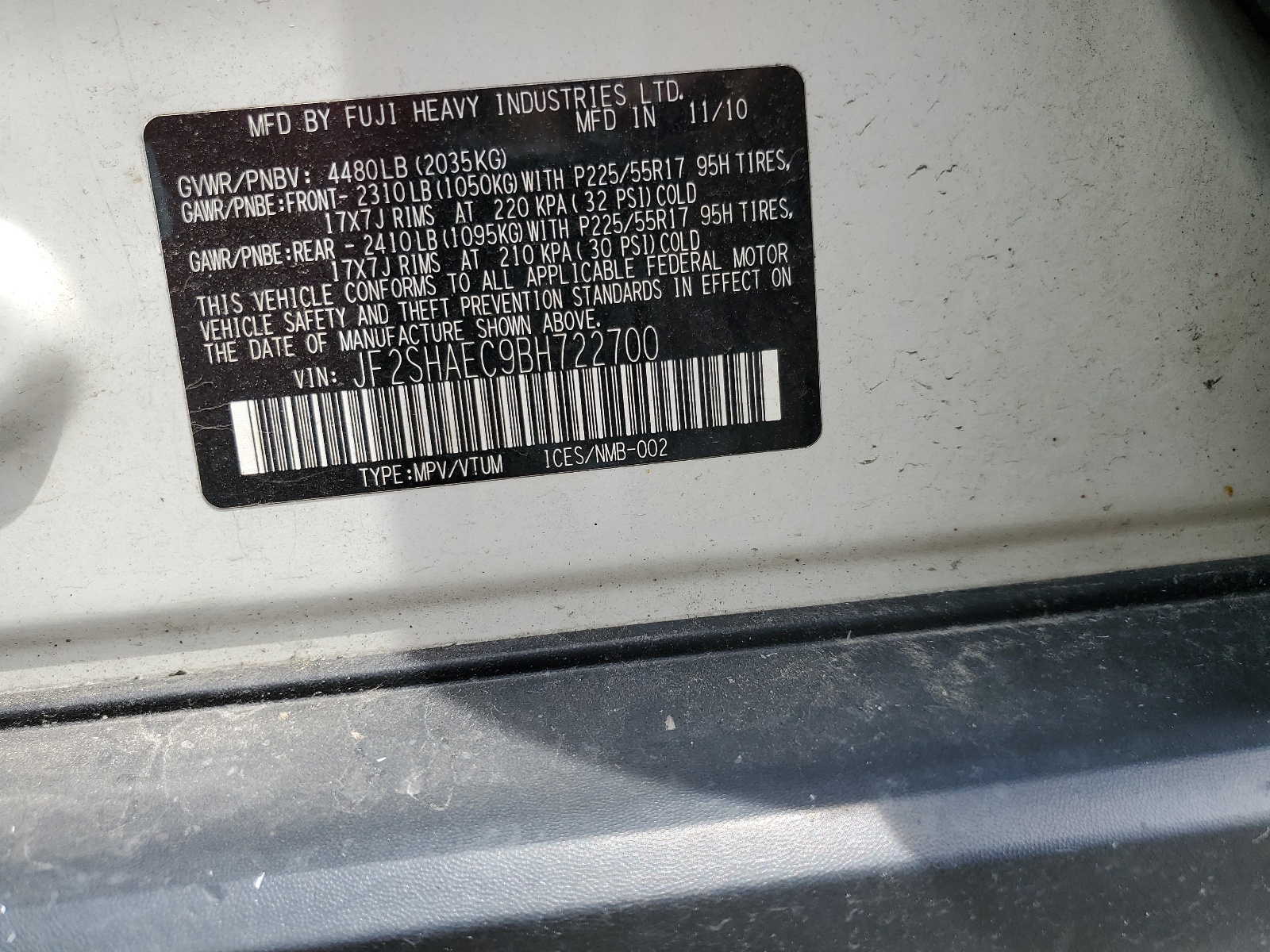 JF2SHAEC9BH722700 2011 Subaru Forester Limited