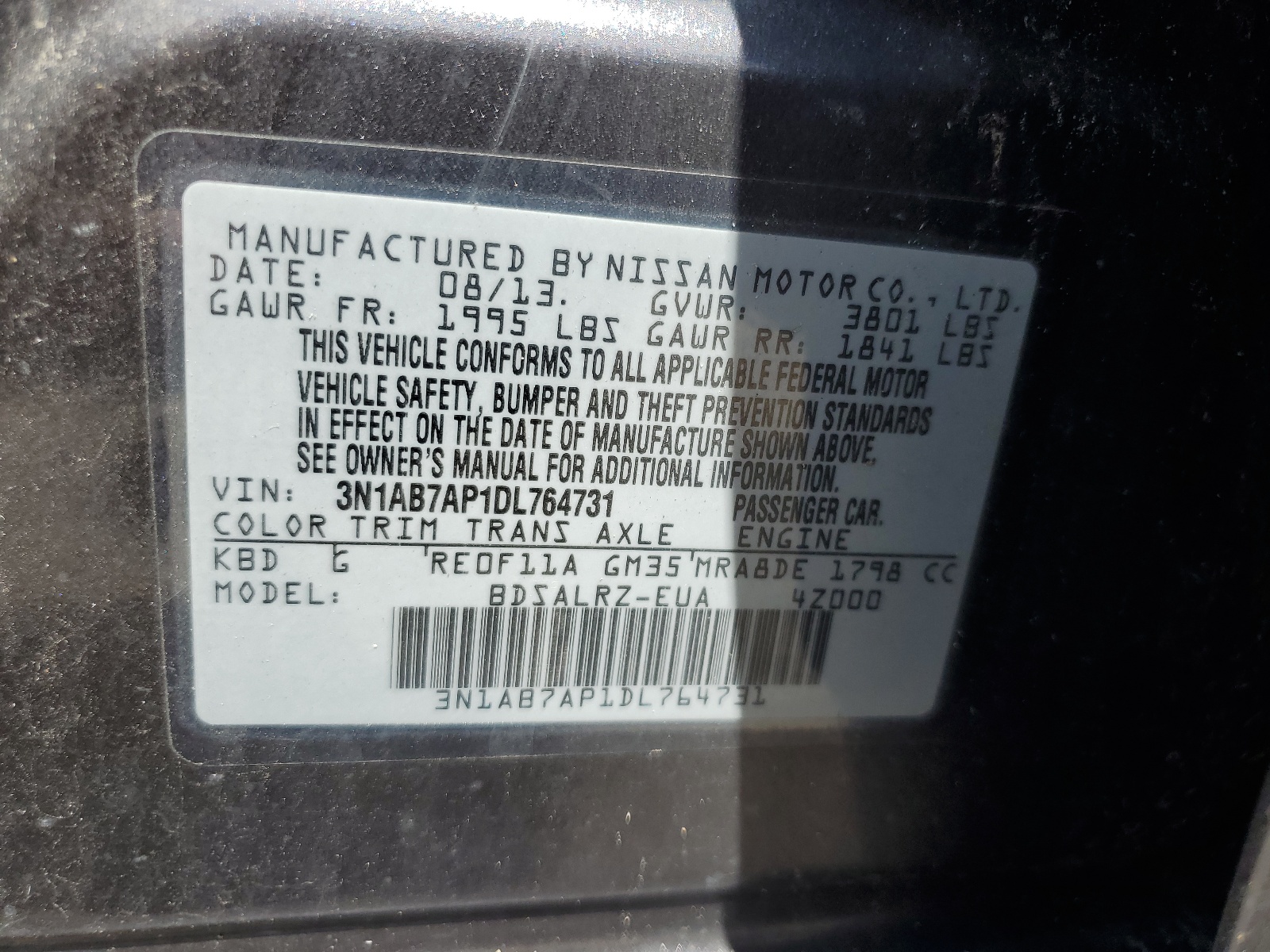 3N1AB7AP1DL764731 2013 Nissan Sentra S