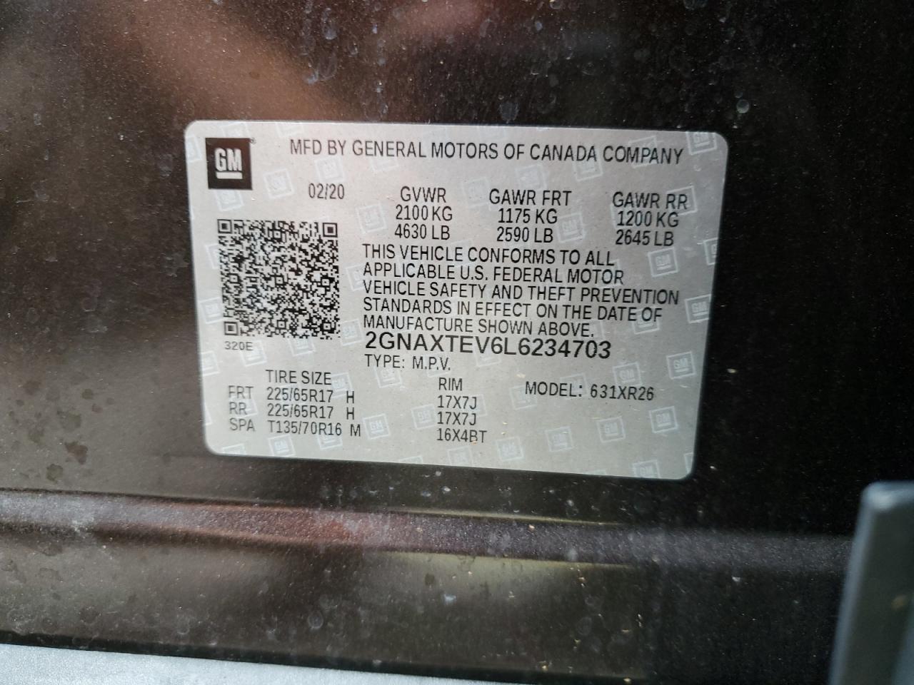 2020 Chevrolet Equinox Lt VIN: 2GNAXTEV6L6234703 Lot: 64042484