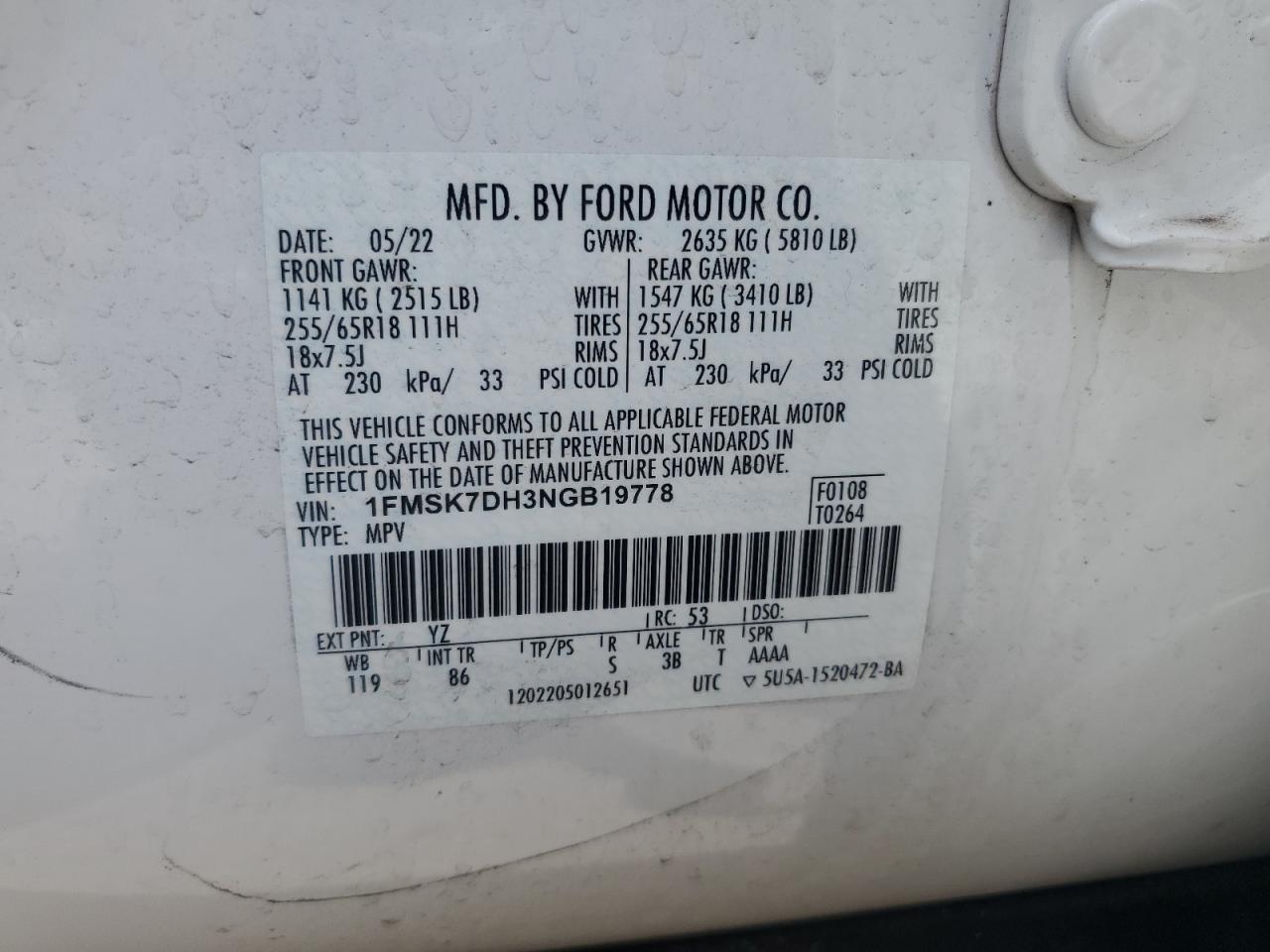 2022 Ford Explorer Xlt VIN: 1FMSK7DH3NGB19778 Lot: 65544794