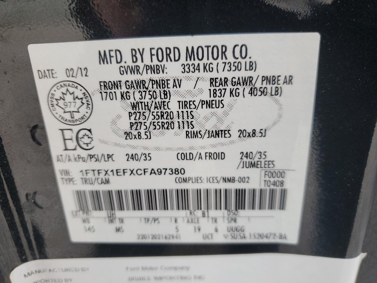 2012 Ford F150 Super Cab VIN: 1FTFX1EFXCFA97380 Lot: 61593964