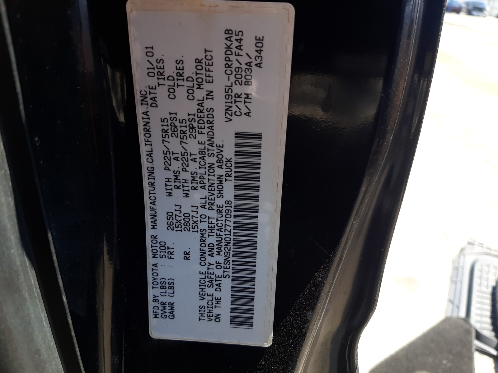 5TESN92N01Z770918 2001 Toyota Tacoma Xtracab Prerunner