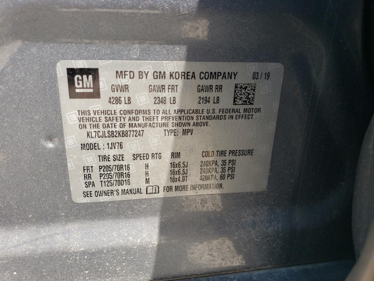 2019 Chevrolet Trax 1Lt VIN: KL7CJLSB2KB877247 Lot: 63053844