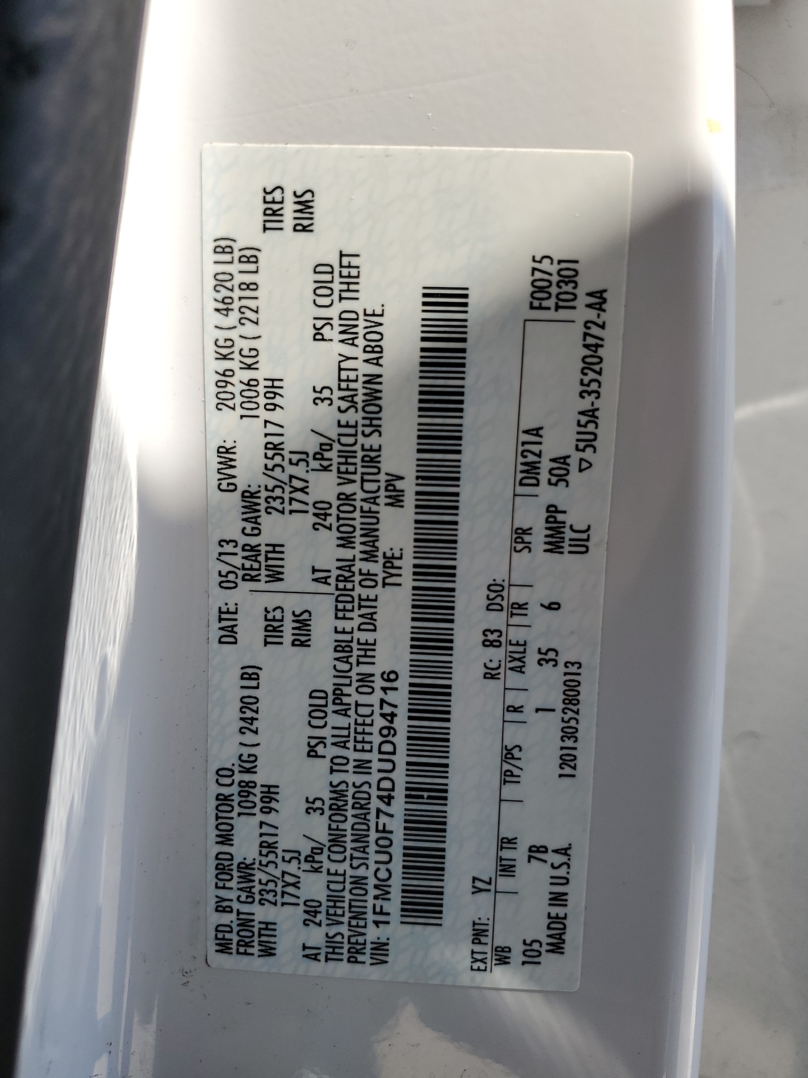 1FMCU0F74DUD94716 2013 Ford Escape S