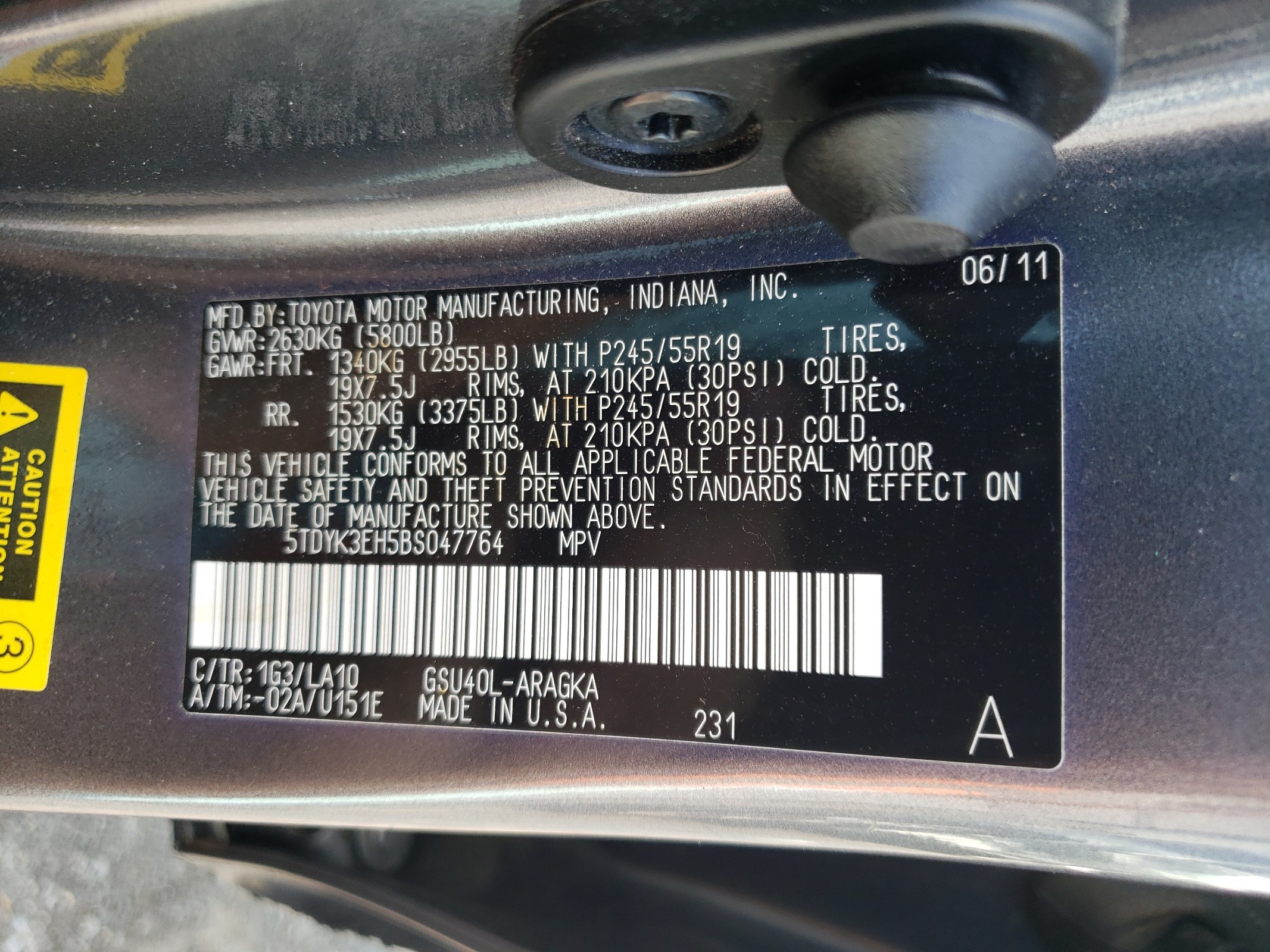 5TDYK3EH5BS047764 2011 Toyota Highlander Limited