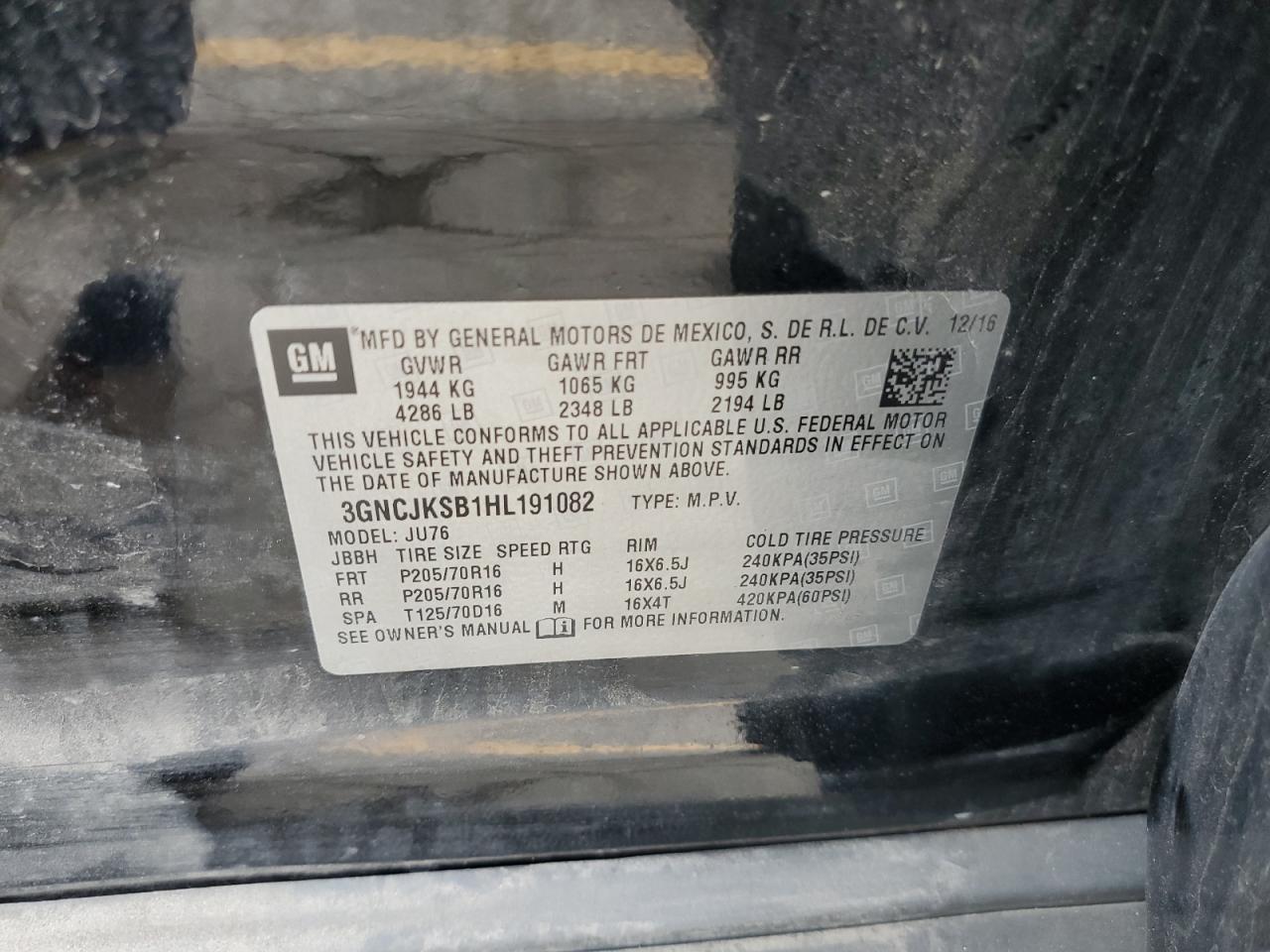 2017 Chevrolet Trax Ls VIN: 3GNCJKSB1HL191082 Lot: 63302094