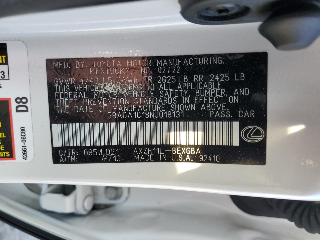 58ADA1C18NU018131 2022 Lexus Es 300H Base