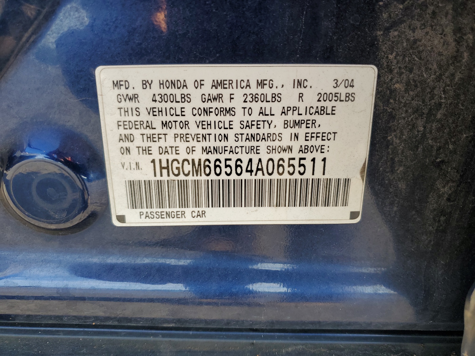 1HGCM66564A065511 2004 Honda Accord Ex