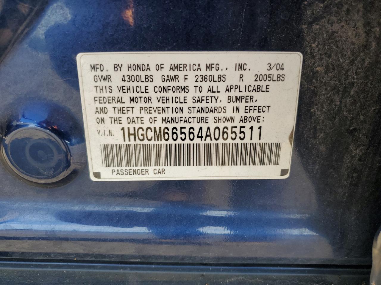 2004 Honda Accord Ex VIN: 1HGCM66564A065511 Lot: 62281234