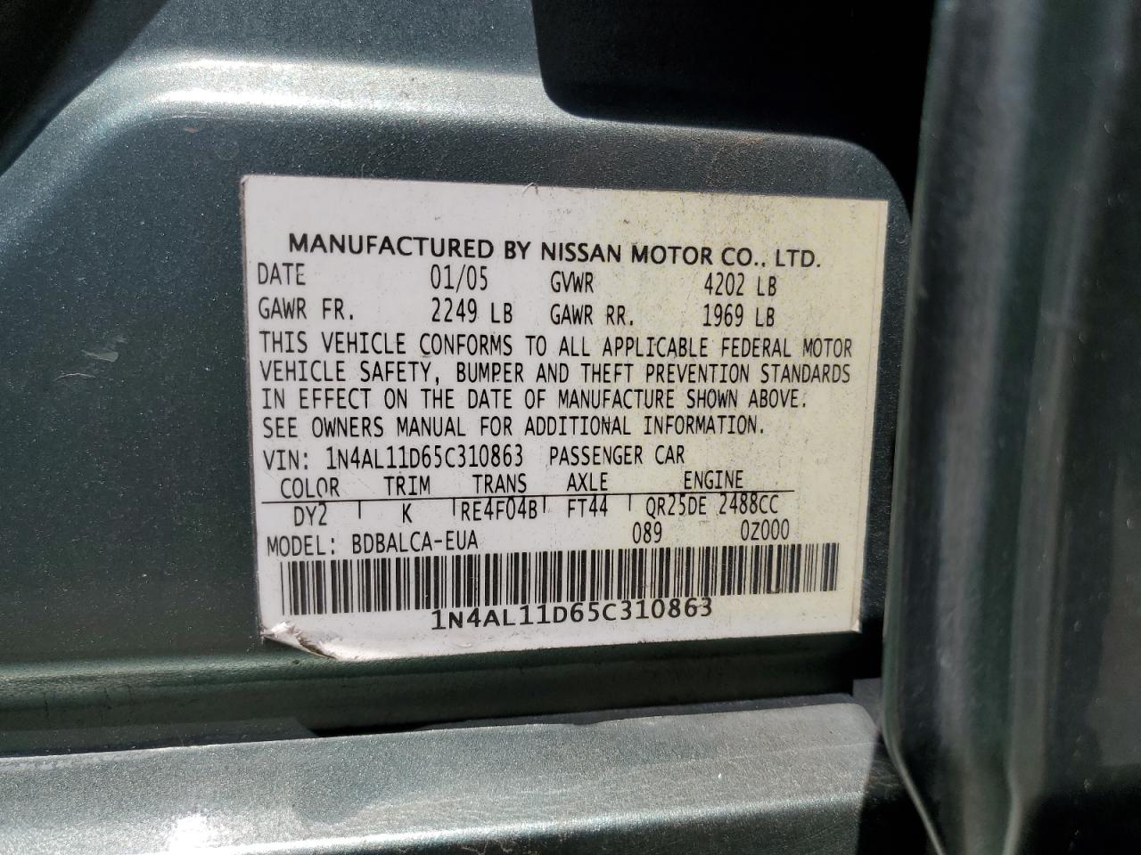 2005 Nissan Altima S VIN: 1N4AL11D65C310863 Lot: 63717224