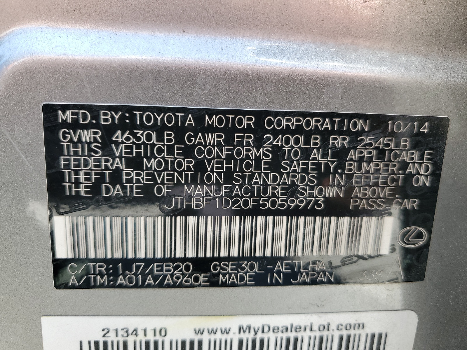 JTHBF1D20F5059973 2015 Lexus Is 250