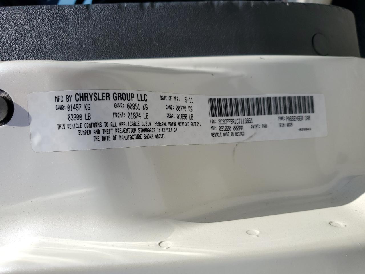 2012 Fiat 500 Sport VIN: 3C3CFFBR1CT113851 Lot: 63920064