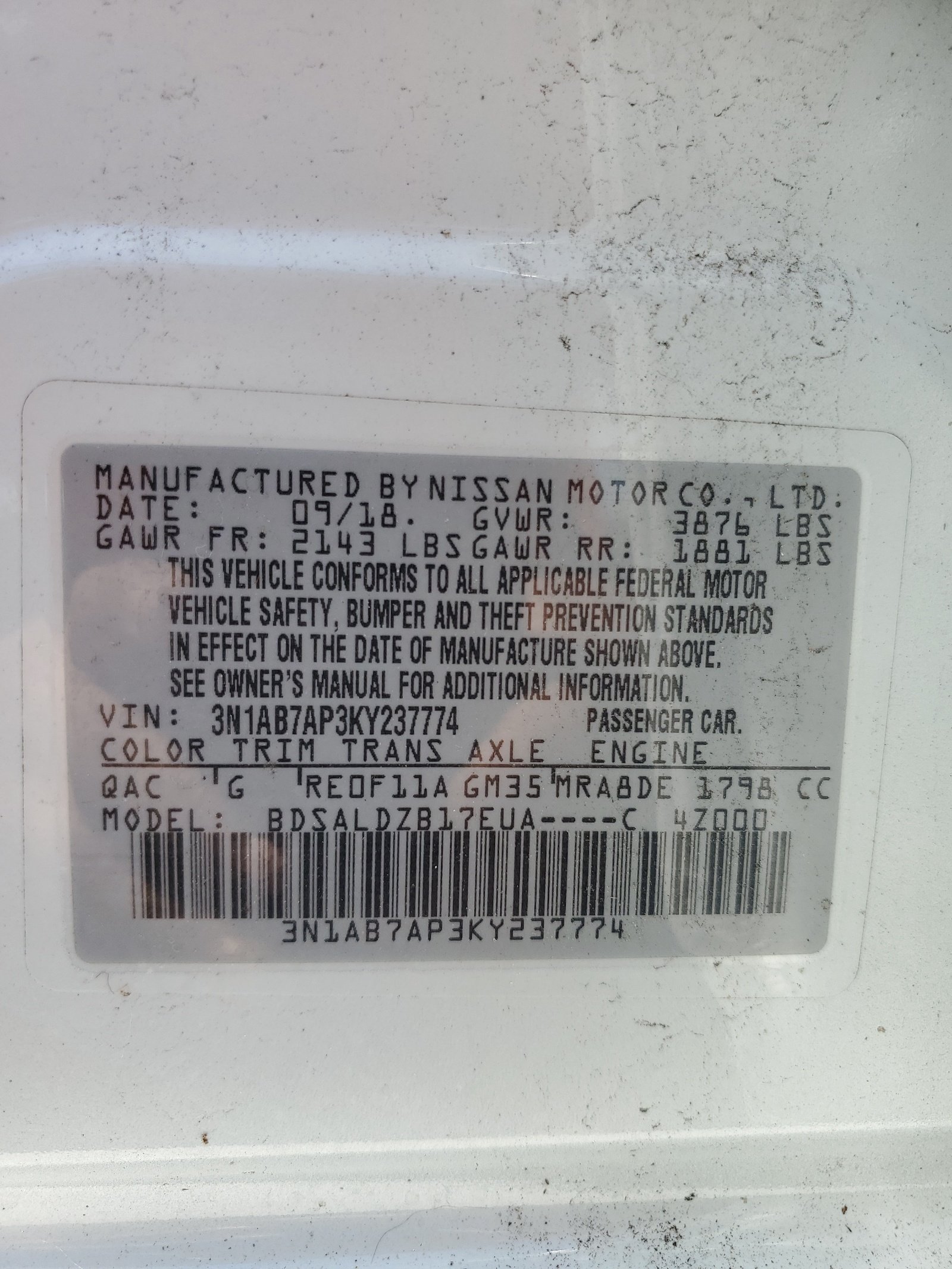 3N1AB7AP3KY237774 2019 Nissan Sentra S