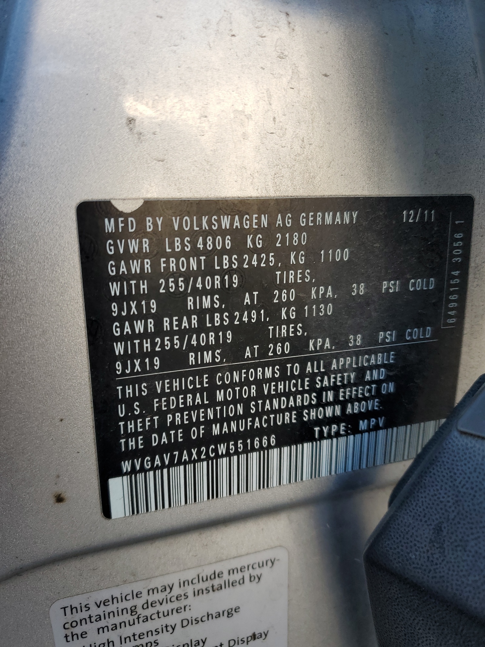 WVGAV7AX2CW551666 2012 Volkswagen Tiguan S