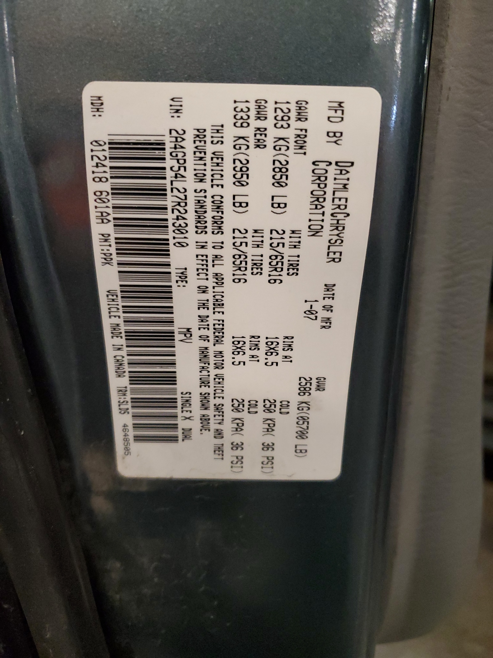 2A4GP54L27R243010 2007 Chrysler Town & Country Touring