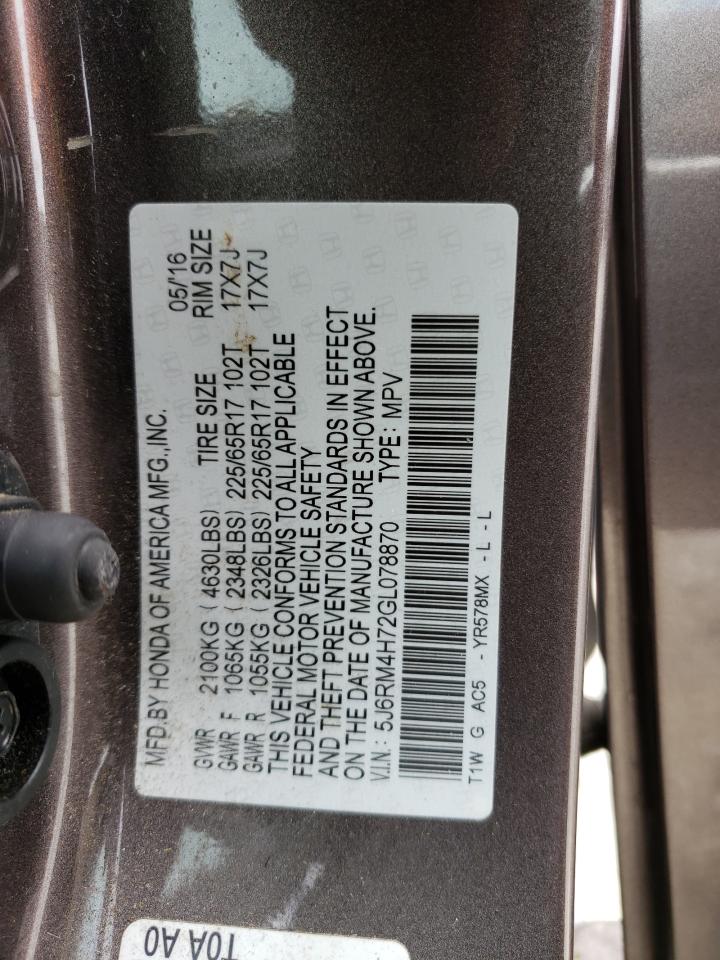 2016 Honda Cr-V Exl VIN: 5J6RM4H72GL078870 Lot: 64951034