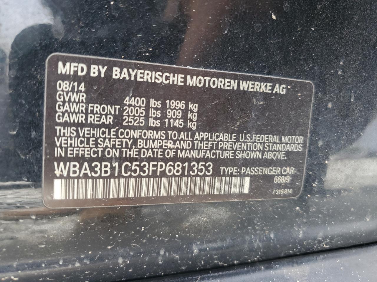 2015 BMW 320 I VIN: WBA3B1C53FP681353 Lot: 64608524