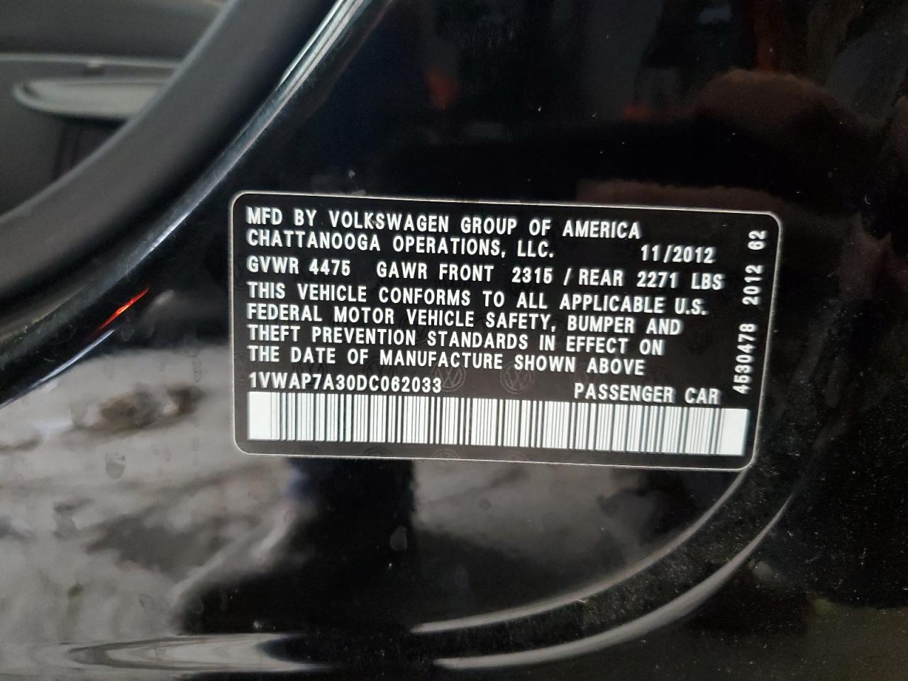 2013 Volkswagen Passat S VIN: 1VWAP7A30DC062033 Lot: 63296134