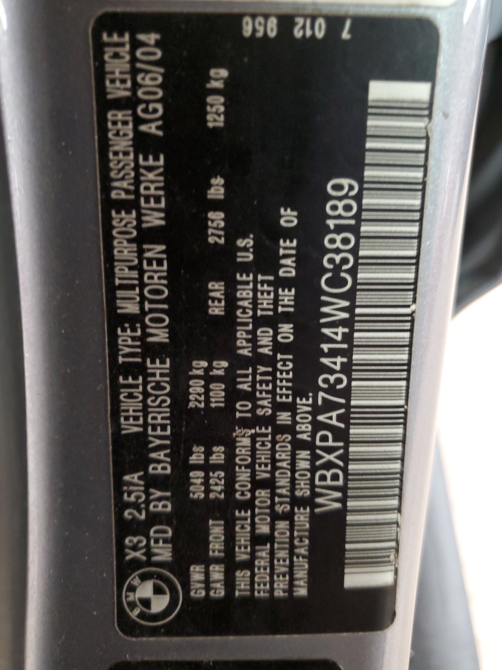 WBXPA73414WC38189 2004 BMW X3 2.5I