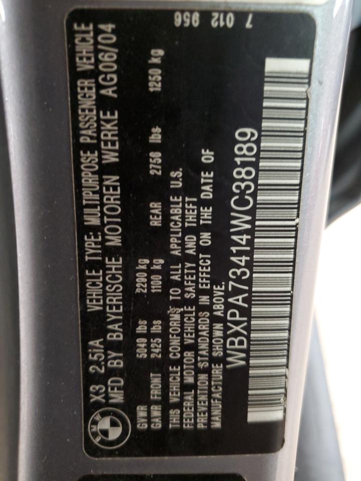 2004 BMW X3 2.5I VIN: WBXPA73414WC38189 Lot: 62412064