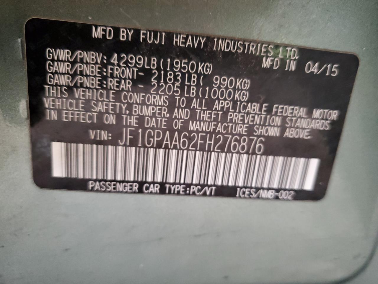 2015 Subaru Impreza VIN: JF1GPAA62FH276876 Lot: 63773064