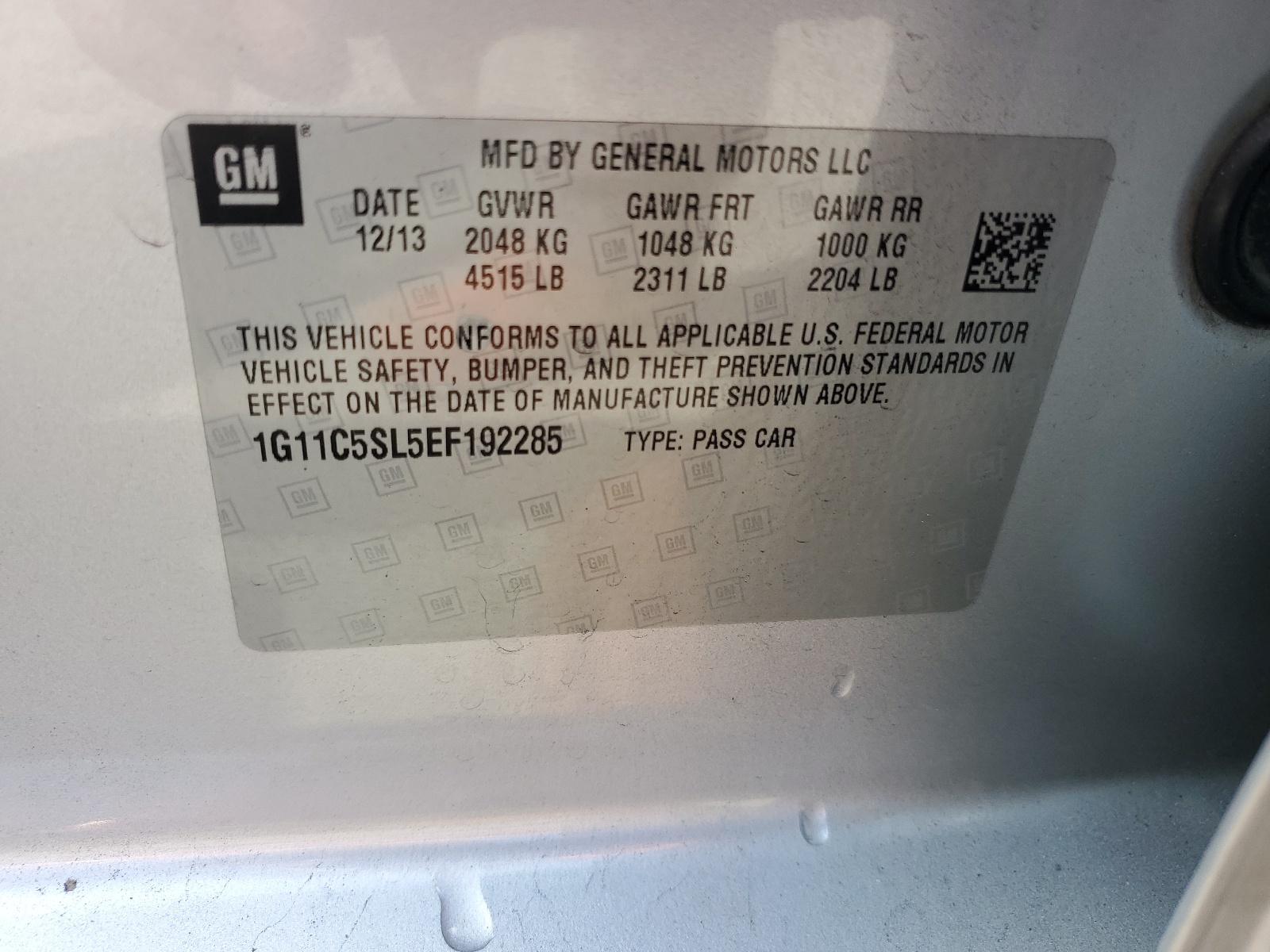 1G11C5SL5EF192285 2014 Chevrolet Malibu 1Lt