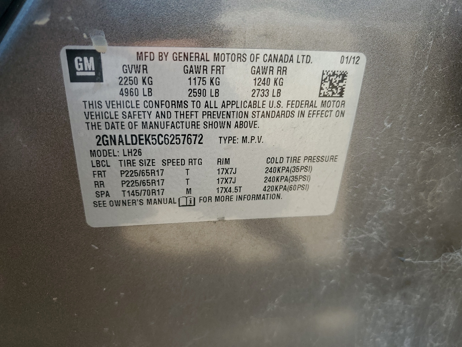 2GNALDEK5C6257672 2012 Chevrolet Equinox Lt