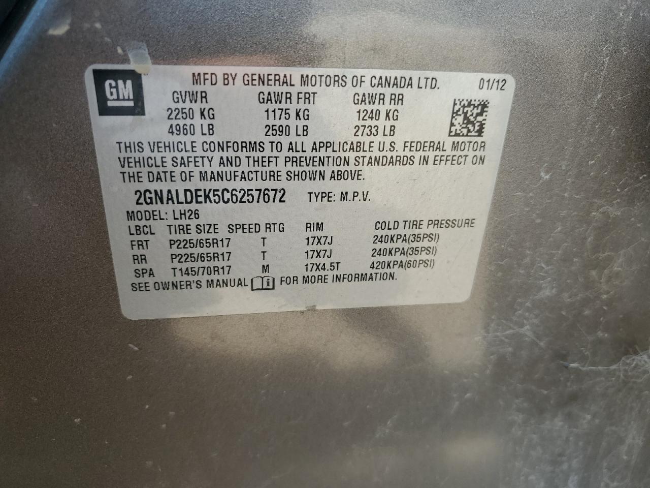 2012 Chevrolet Equinox Lt VIN: 2GNALDEK5C6257672 Lot: 64167134