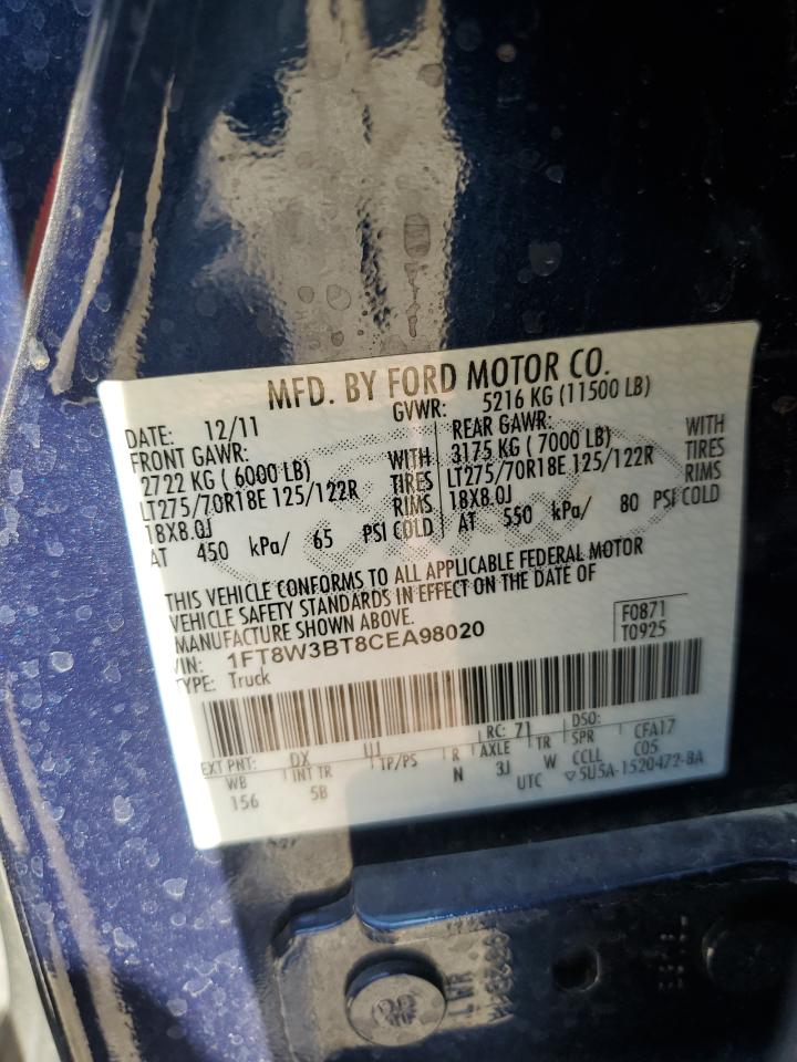 2012 Ford F350 Super Duty VIN: 1FT8W3BT8CEA98020 Lot: 65058374