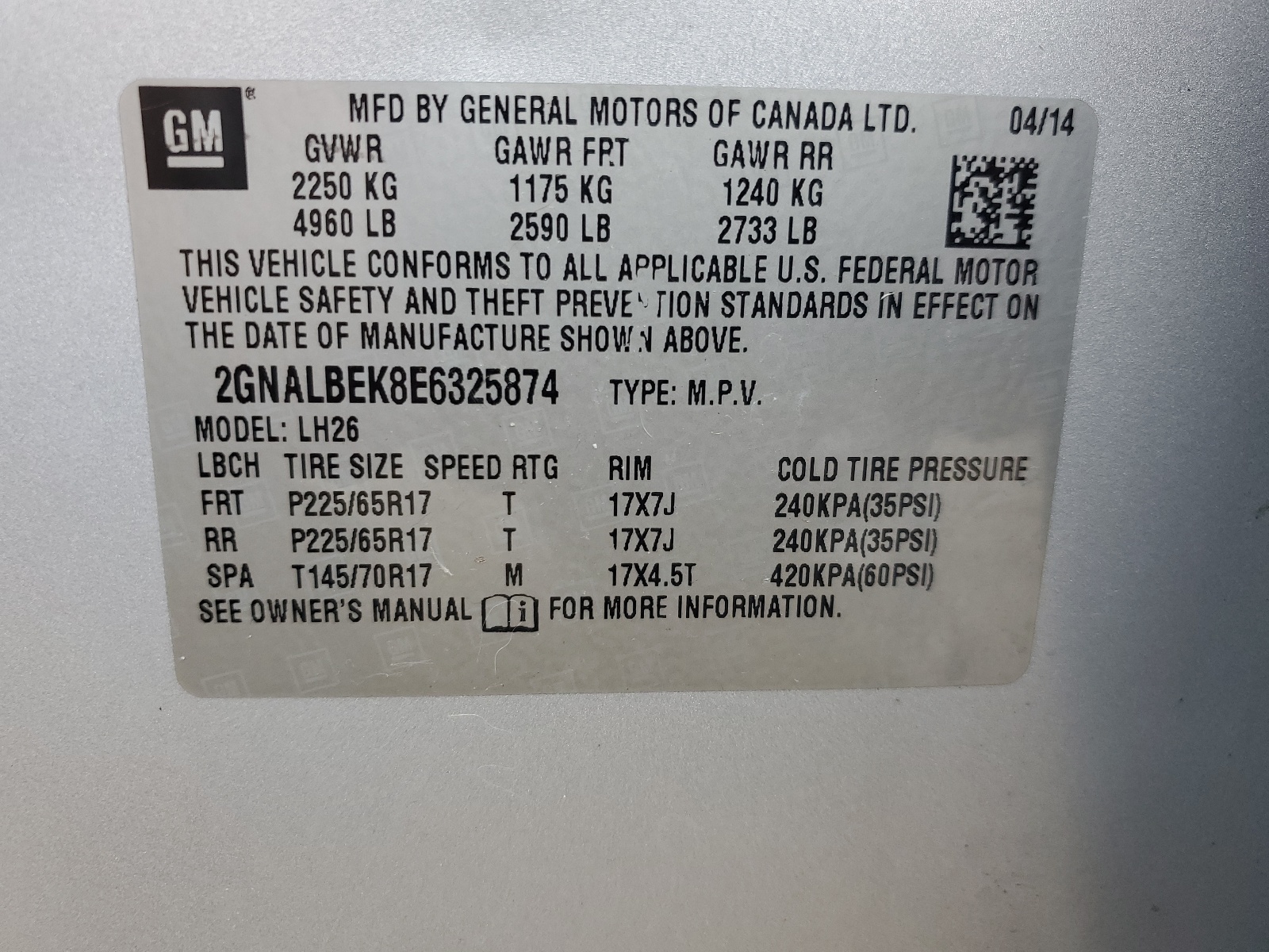 2GNALBEK8E6325874 2014 Chevrolet Equinox Lt