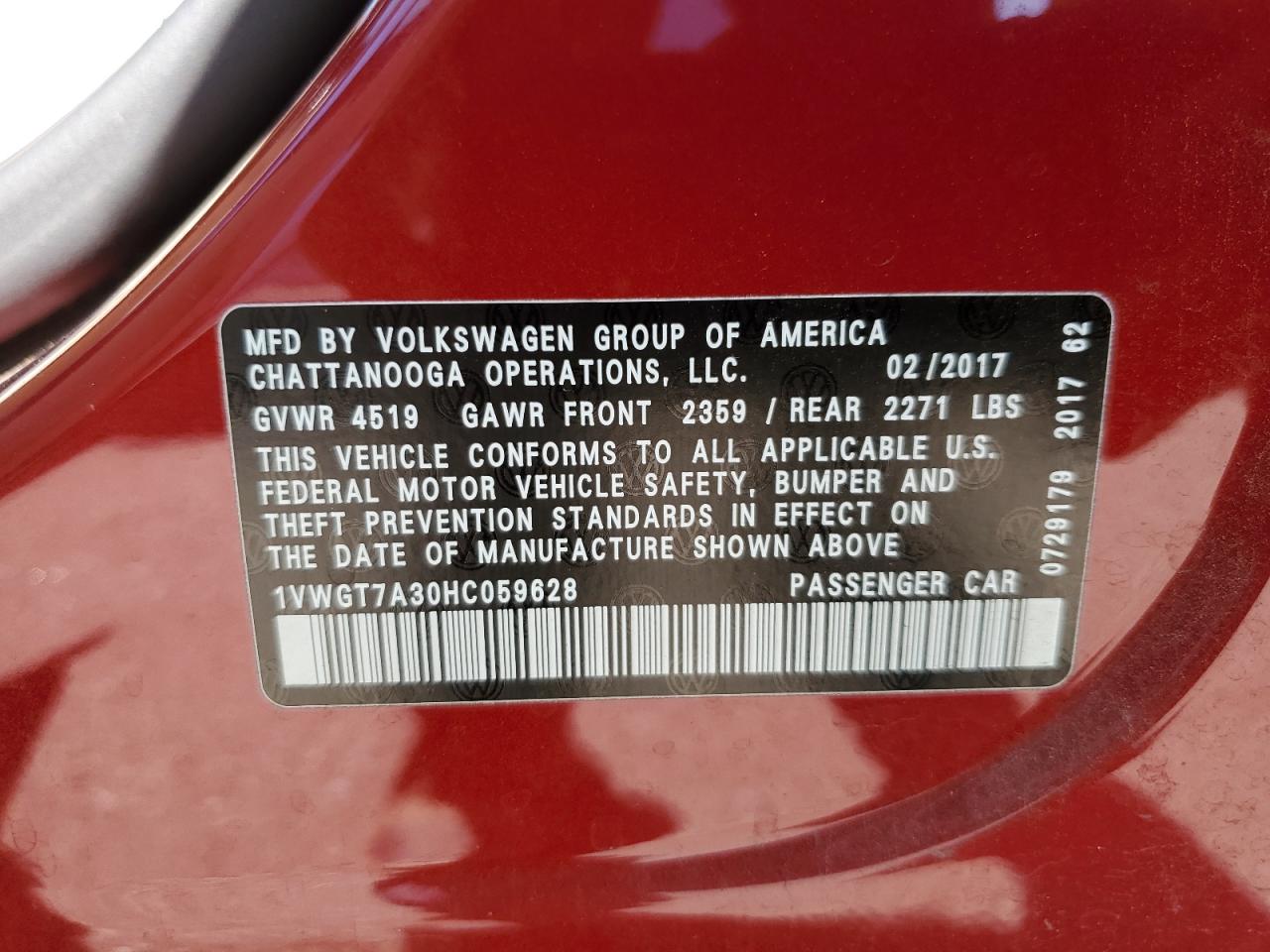 2017 Volkswagen Passat Se VIN: 1VWGT7A30HC059628 Lot: 64691784