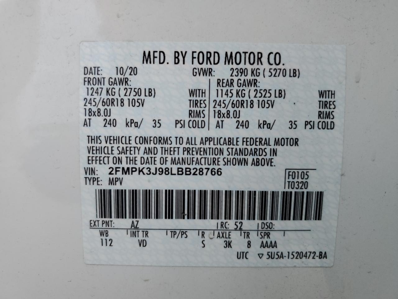 2020 Ford Edge Sel VIN: 2FMPK3J98LBB28766 Lot: 63514354