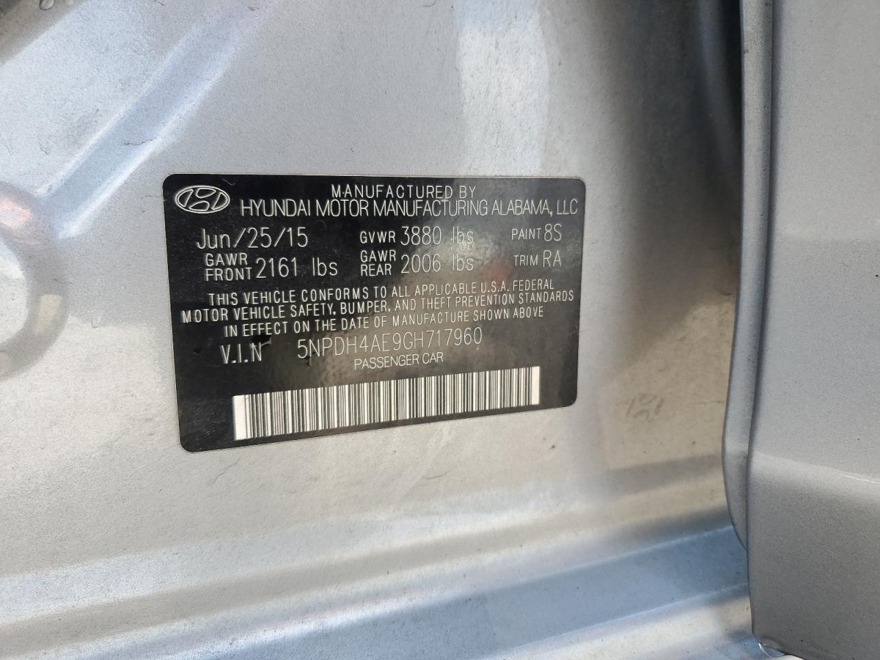 2016 Hyundai Elantra Se VIN: 5NPDH4AE9GH717960 Lot: 63305964